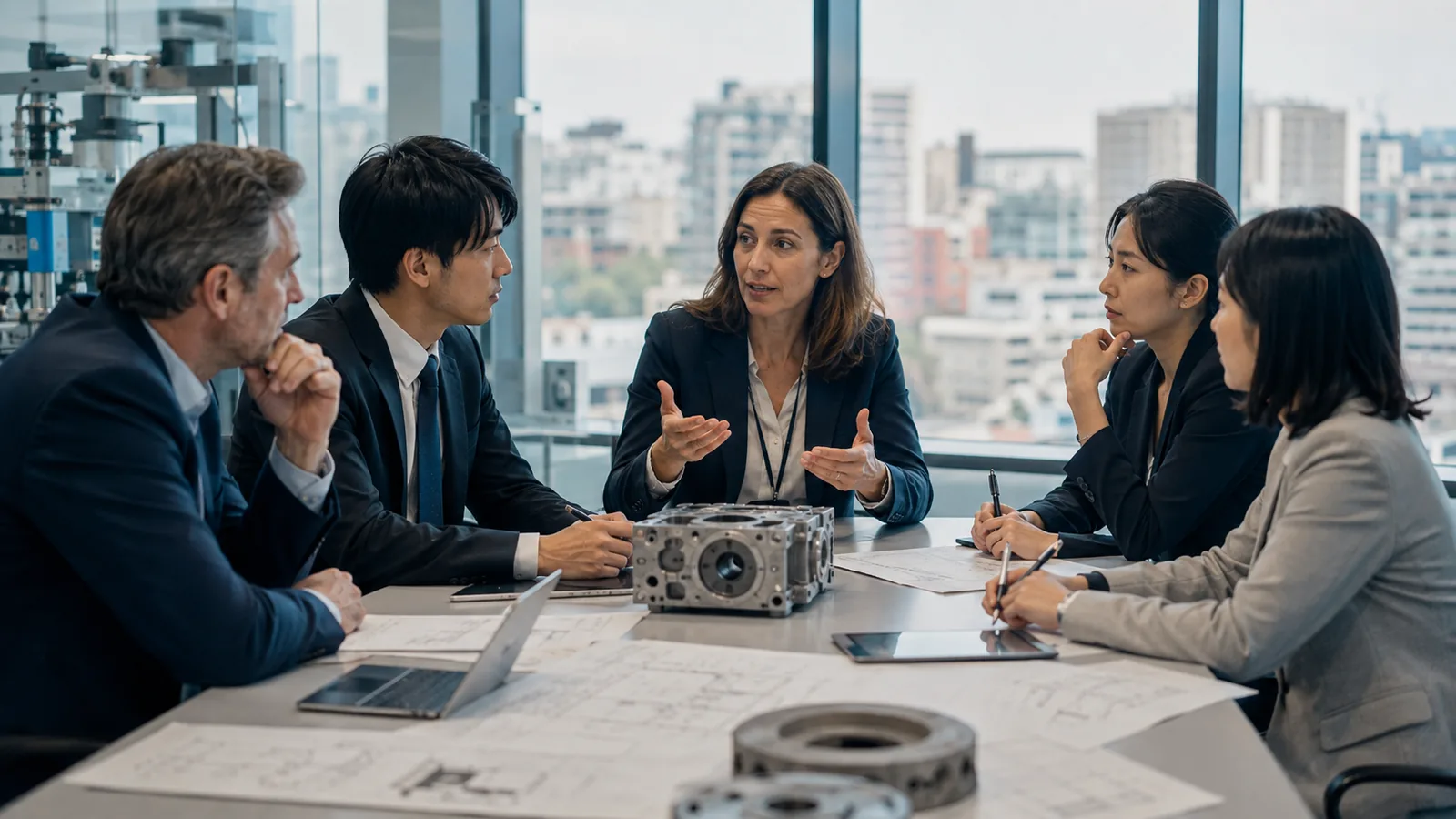 Reunión técnica de ingeniería con interpretación de coreano