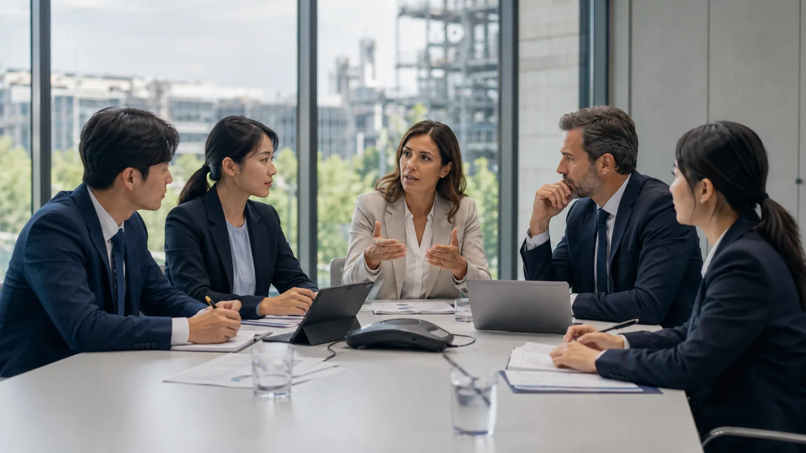 Reunión empresarial con intérprete de coreano y equipos españoles y coreanos